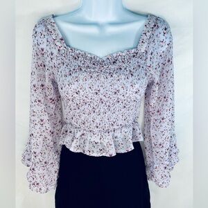 SAGE THE LABEL Peasant crop top in lavender floral. Ruffled, long sleeve XS